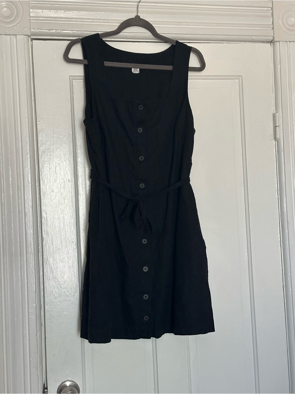 GAP Black Button-Front Tie-Waist Linen-Cotton Blend Mini Dress